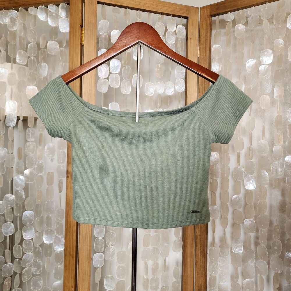 Hollister Off Shoulder Crop Top Green Ribbed Short Sleeve Fitted Y2K Women L